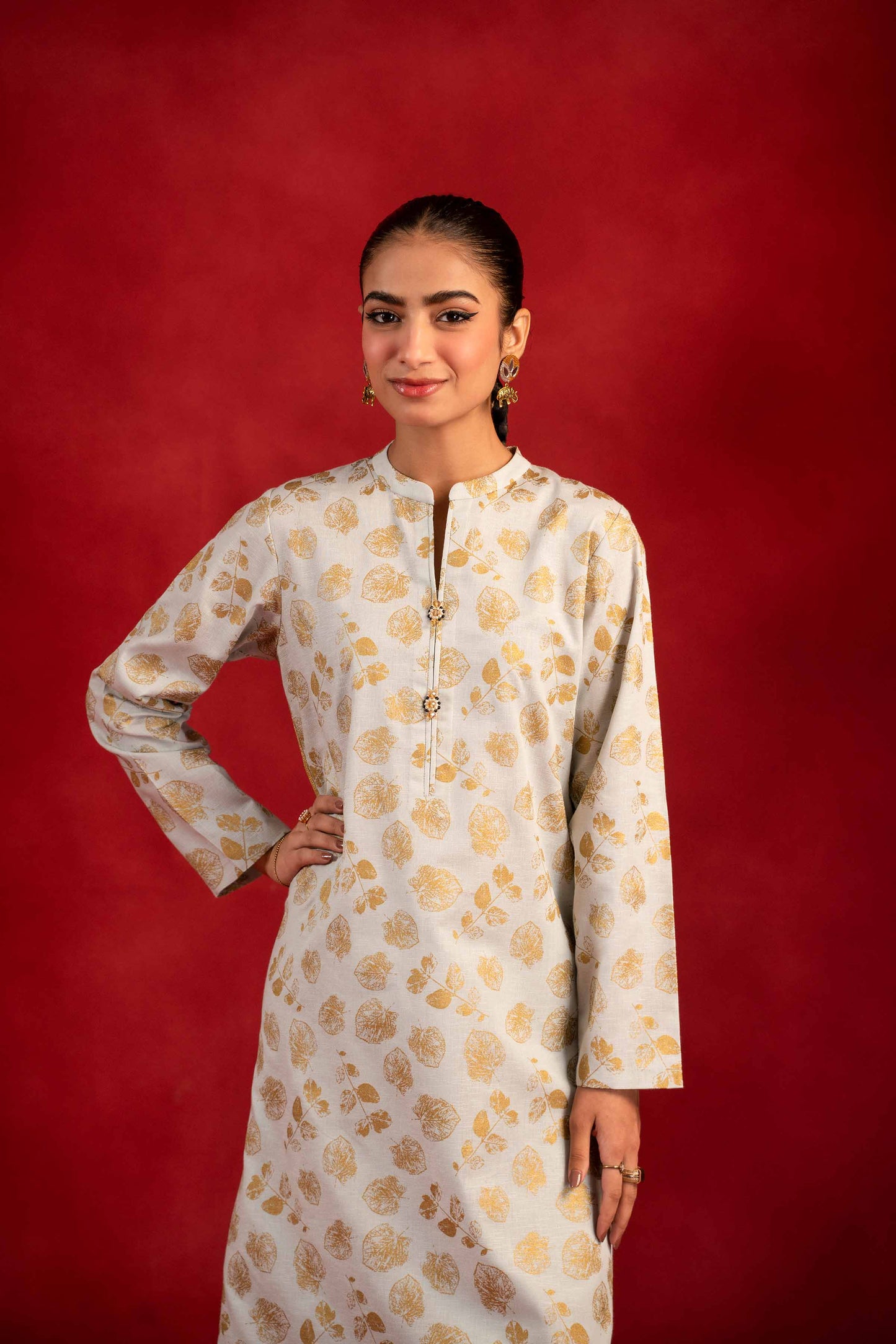 Nishat Linen - 1 Piece - Gold Printed Loose Fabric - 42304136
