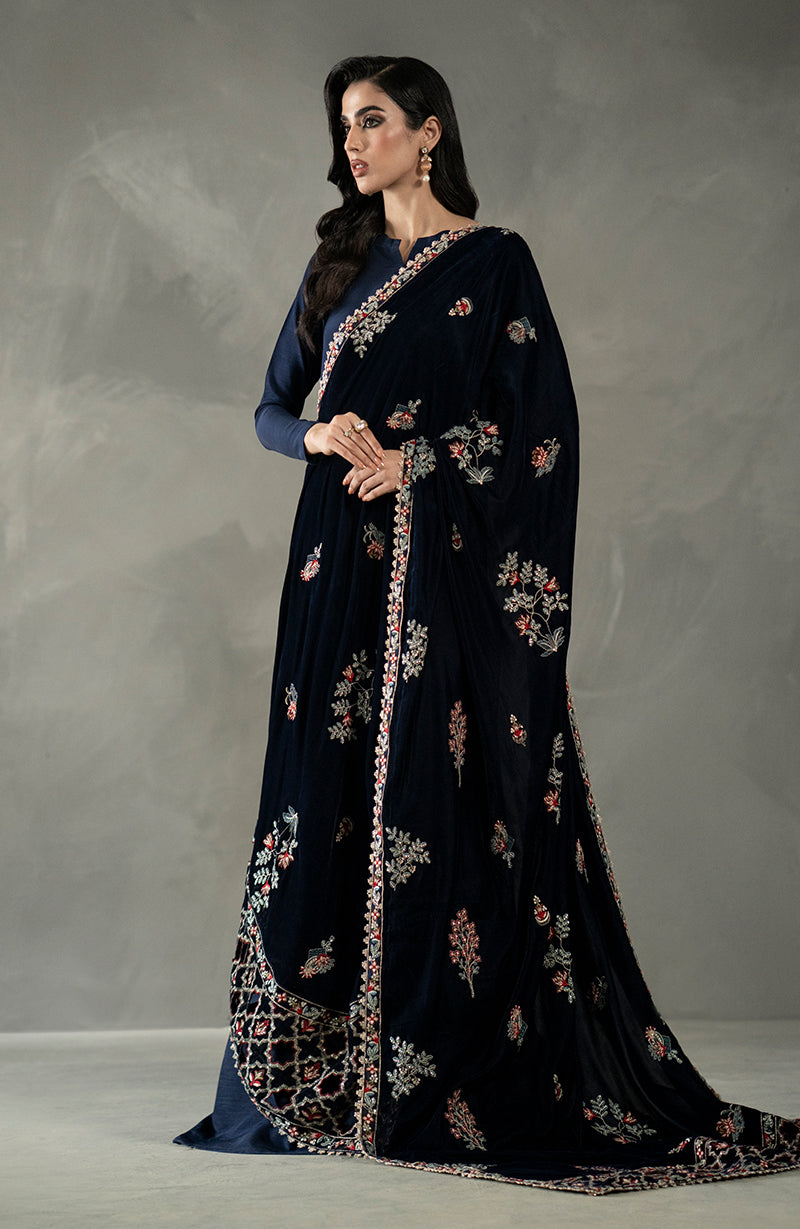 Seran - Navy Blue Velvet Shawl