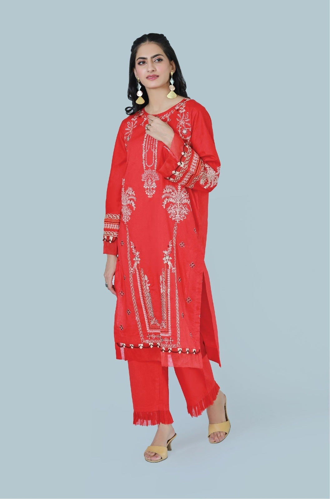 Bareeq Outfits - Raving Red 2-Piece Embroidered Stitched Suit