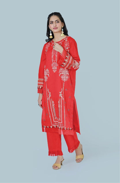 Bareeq Outfits - Raving Red 2-Piece Embroidered Stitched Suit