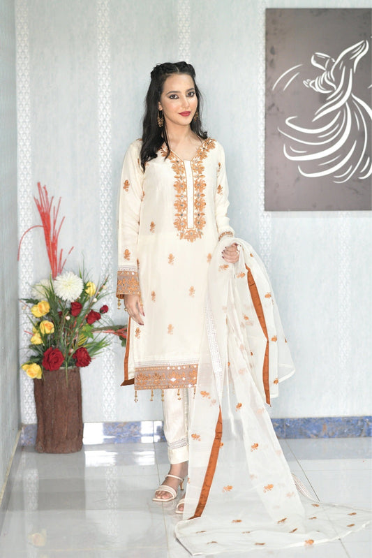 Bareeq Outfits - CREAM FESTIVE DRESS