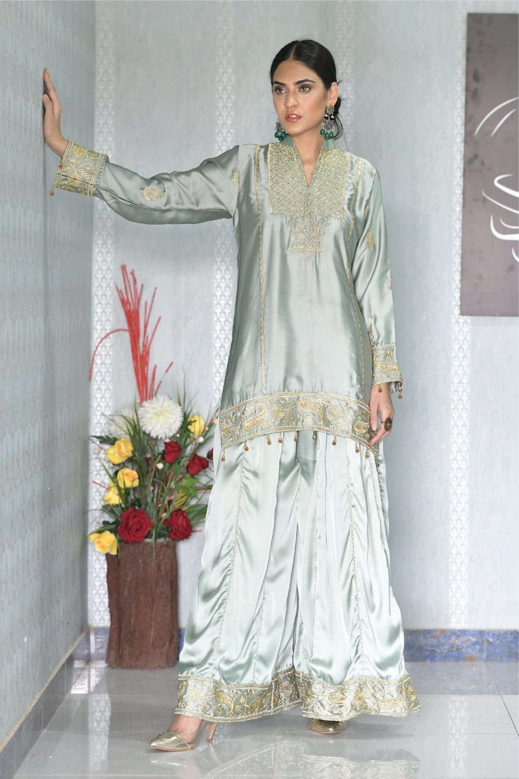Bareeq Outfits - Mint-Green Shirt with Dhaka Pajama -2PCS
