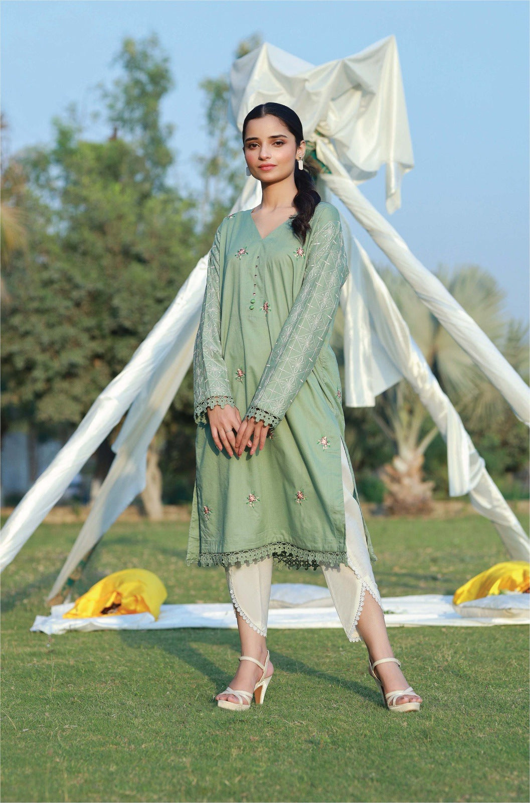 Bareeq Outfits - Imperial Pistachio Embroidered Cambric Shirt