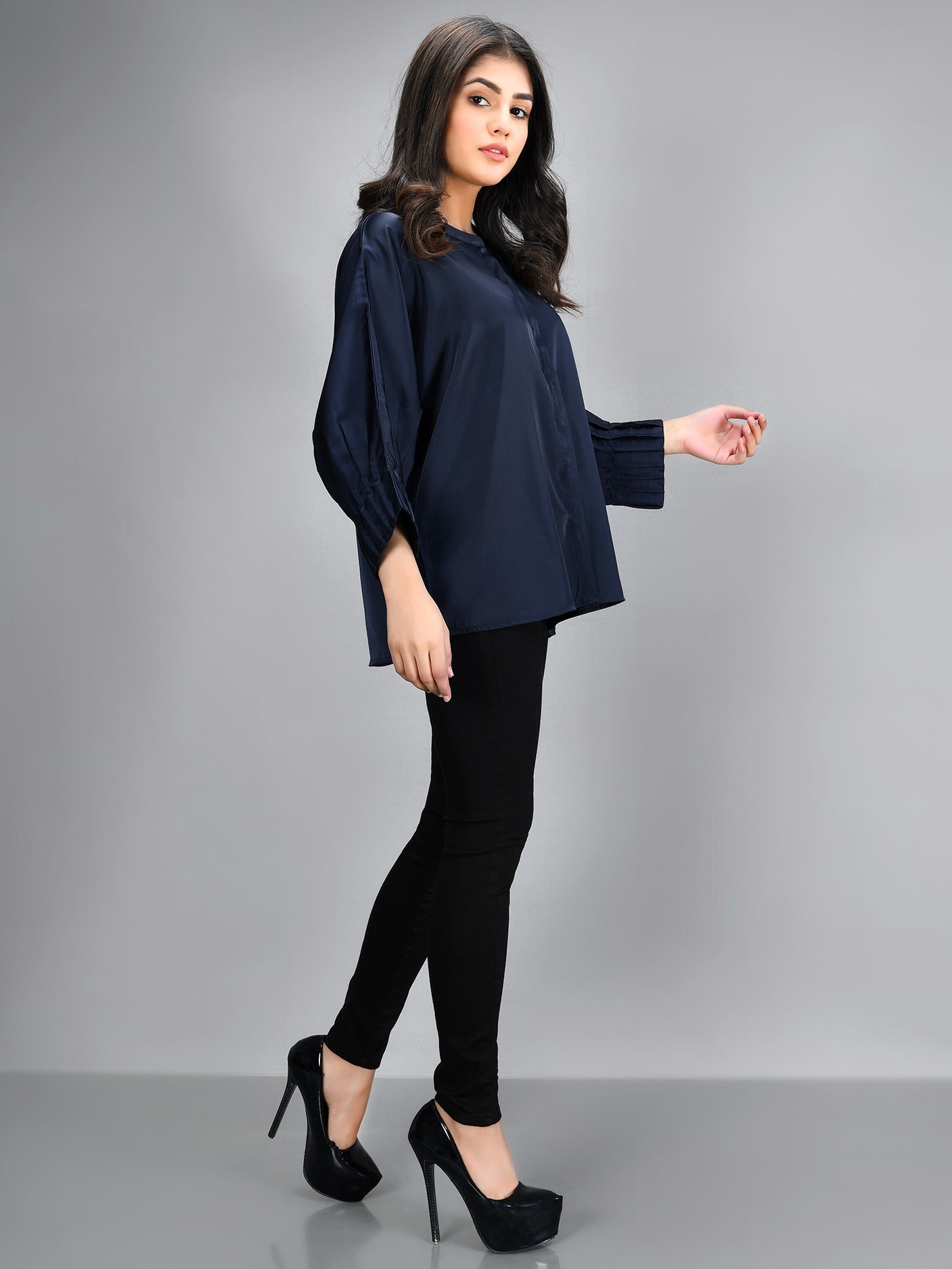 Limelight - Pleated Silk Top - Navy Blue