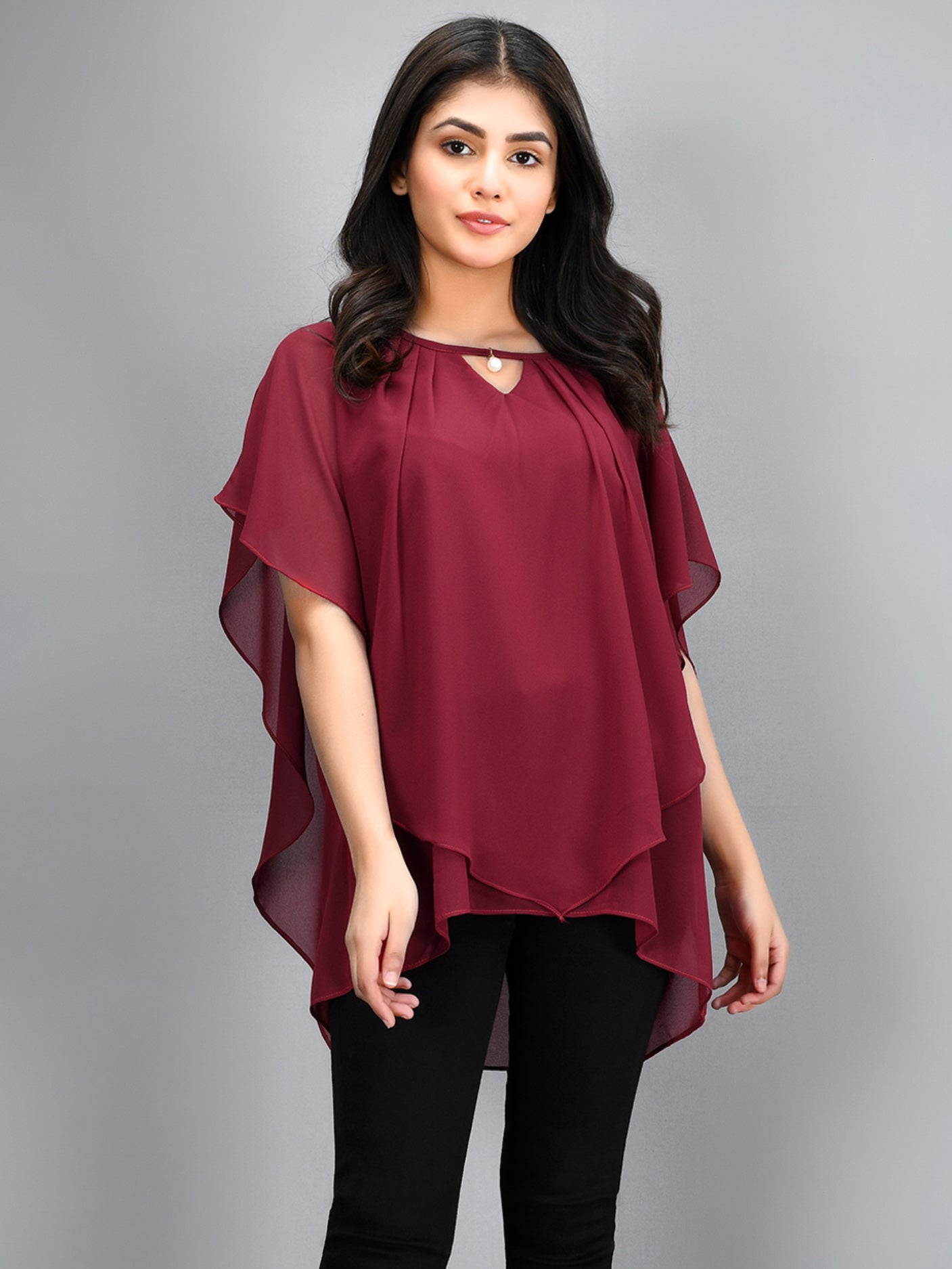 Limelight - Pleated Chiffon Top - Maroon