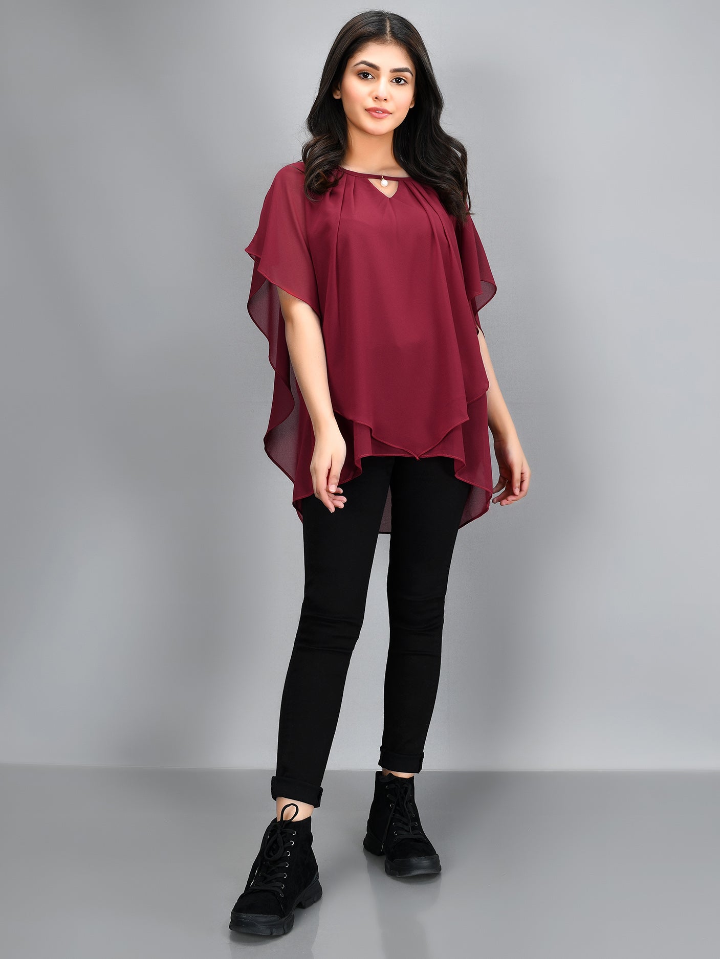 Limelight - Pleated Chiffon Top - Maroon