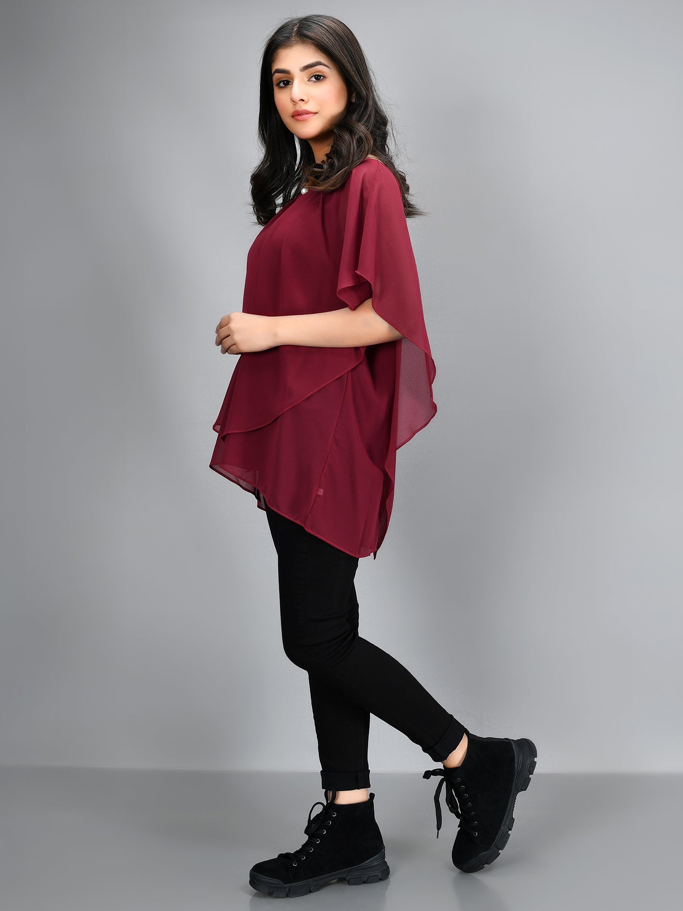 Limelight - Pleated Chiffon Top - Maroon