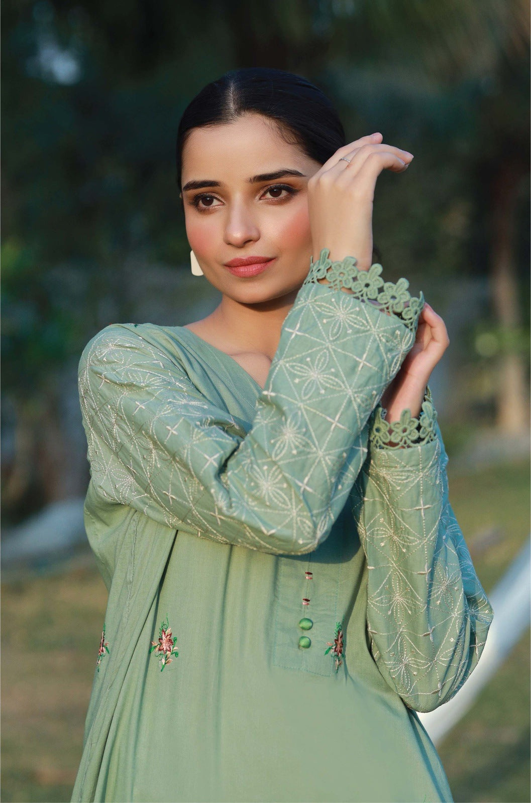 Bareeq Outfits - Imperial Pistachio Embroidered Cambric Shirt