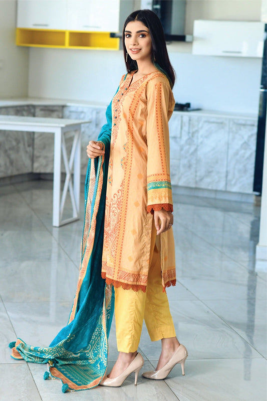 Bareeq Outfits - Orange Peach Printed Lawn – 3 PCS