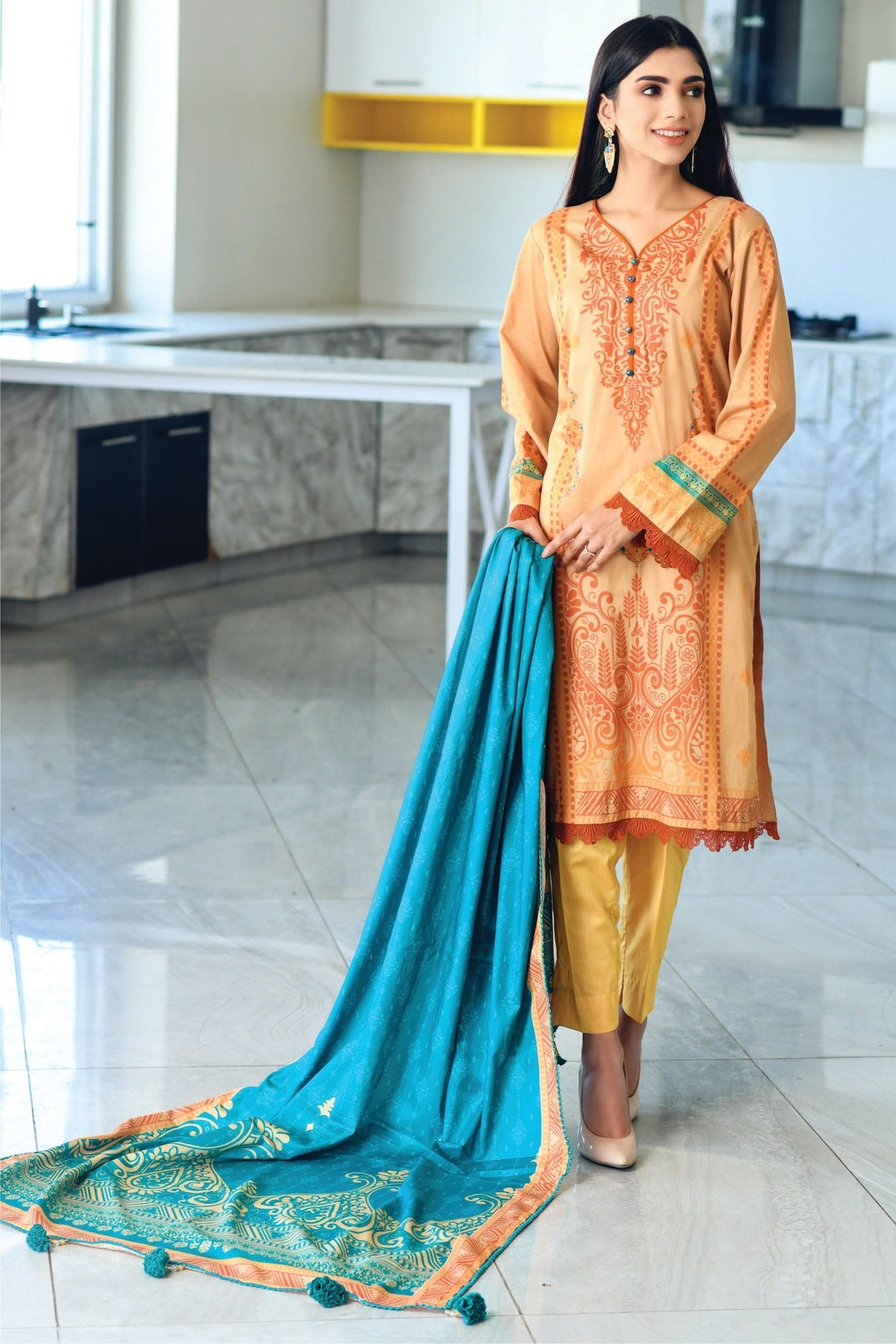 Bareeq Outfits - Orange Peach Printed Lawn – 3 PCS