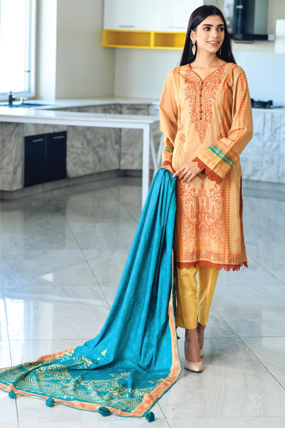 Bareeq Outfits - Orange Peach Printed Lawn – 3 PCS