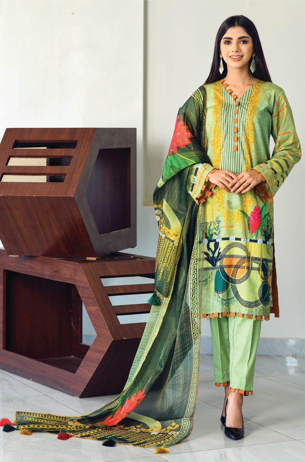 Bareeq Outfits - Light Green Printed Lawn with Masoori Dupatta -3 PCS