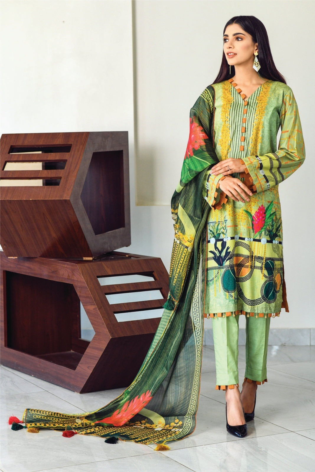 Bareeq Outfits - Light Green Printed Lawn with Masoori Dupatta -3 PCS