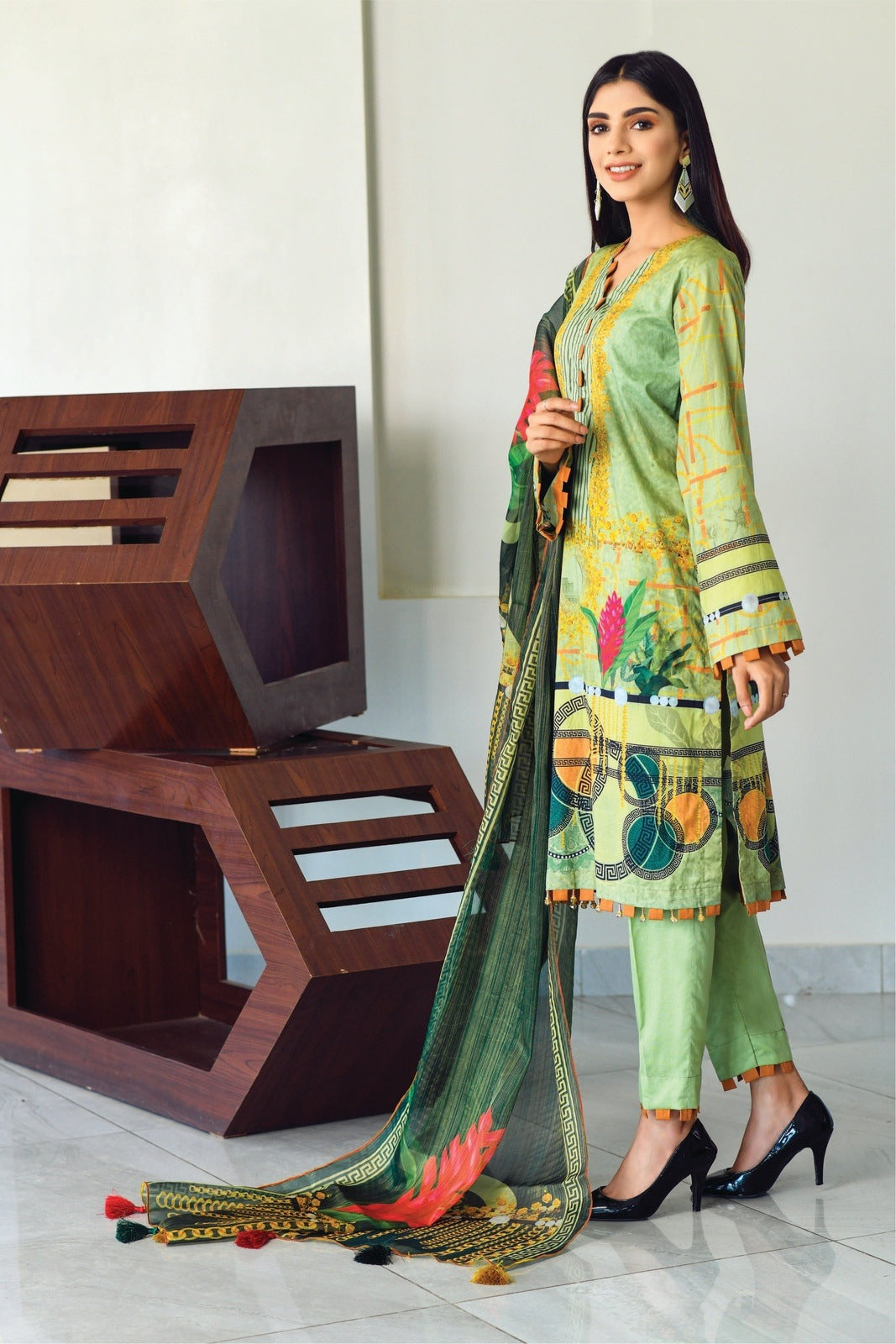 Bareeq Outfits - Light Green Printed Lawn with Masoori Dupatta -3 PCS
