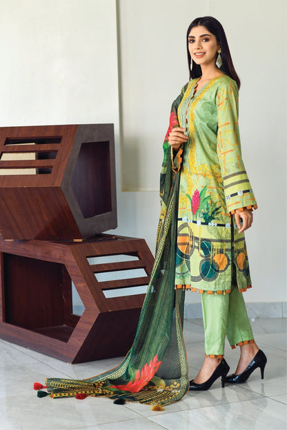 Bareeq Outfits - Light Green Printed Lawn with Masoori Dupatta -3 PCS