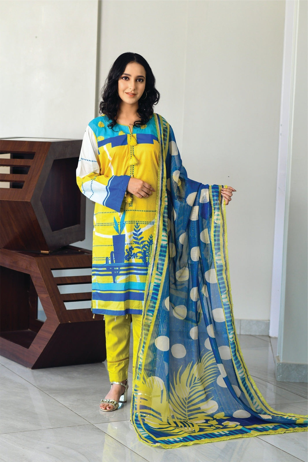 Bareeq Outfits - Yellow & Blue Printed Shirt with Masoori Dupatta – 2 PCS