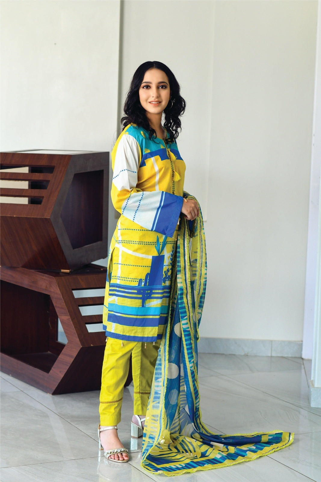 Bareeq Outfits - Yellow & Blue Printed Shirt with Masoori Dupatta – 2 PCS