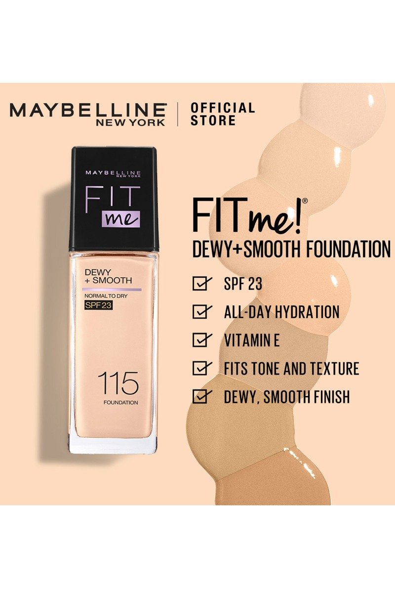 Maybelline New York Fit Me Dewy + Smooth Liquid Foundation SPF 23 - 115 Ivory 30ml - For Normal to Dry Skin