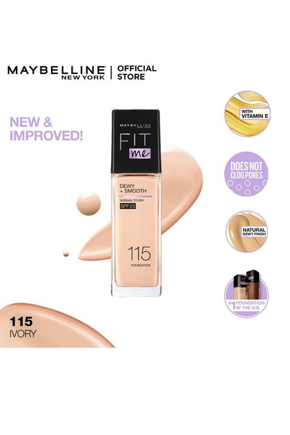 Maybelline New York Fit Me Dewy + Smooth Liquid Foundation SPF 23 - 115 Ivory 30ml - For Normal to Dry Skin