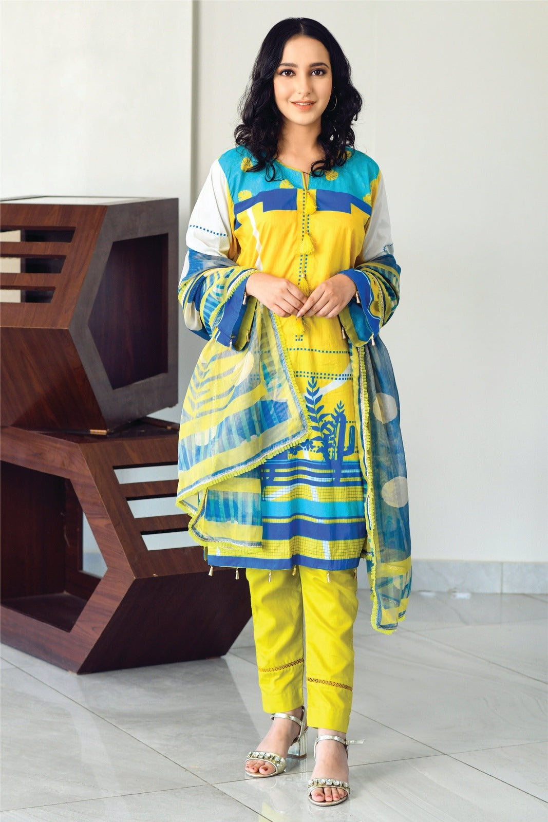 Bareeq Outfits - Yellow & Blue Printed Shirt with Masoori Dupatta – 2 PCS