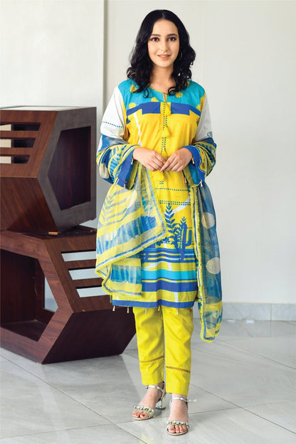 Bareeq Outfits - Yellow & Blue Printed Shirt with Masoori Dupatta – 2 PCS