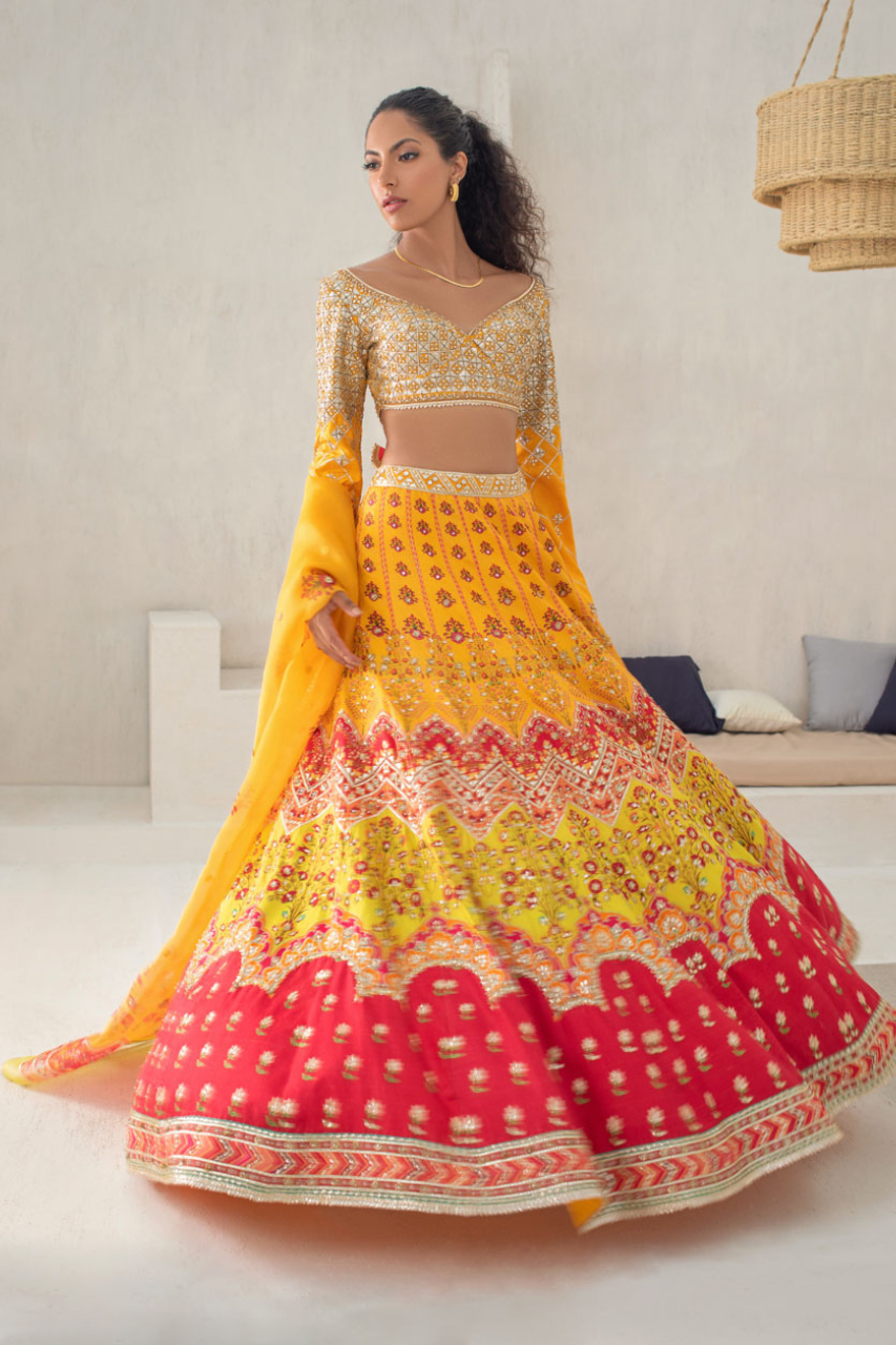 Gota Worked Choli With Printed Self Jamawar Worked Lengha