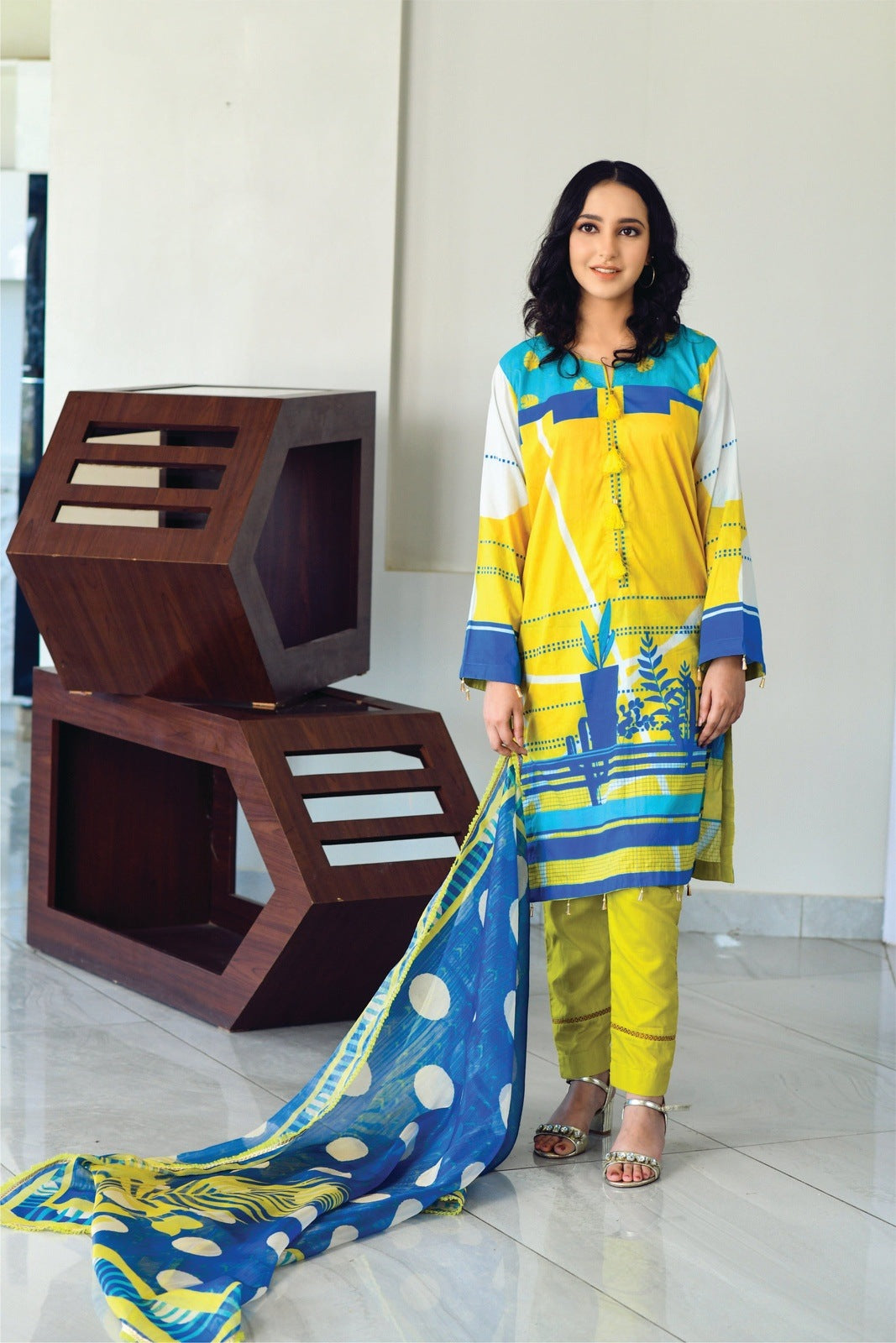 Bareeq Outfits - Yellow & Blue Printed Shirt with Masoori Dupatta – 2 PCS