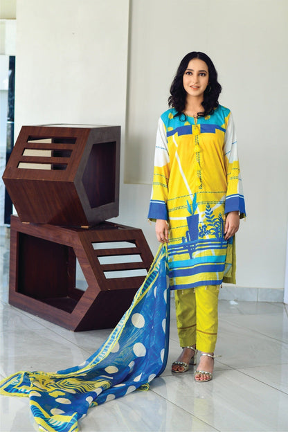Bareeq Outfits - Yellow & Blue Printed Shirt with Masoori Dupatta – 2 PCS