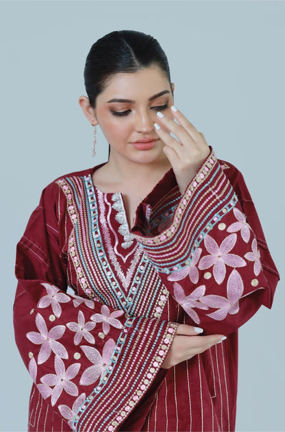 Bareeq Outfits - Floral Spruce 3-Piece Embroidered Suit