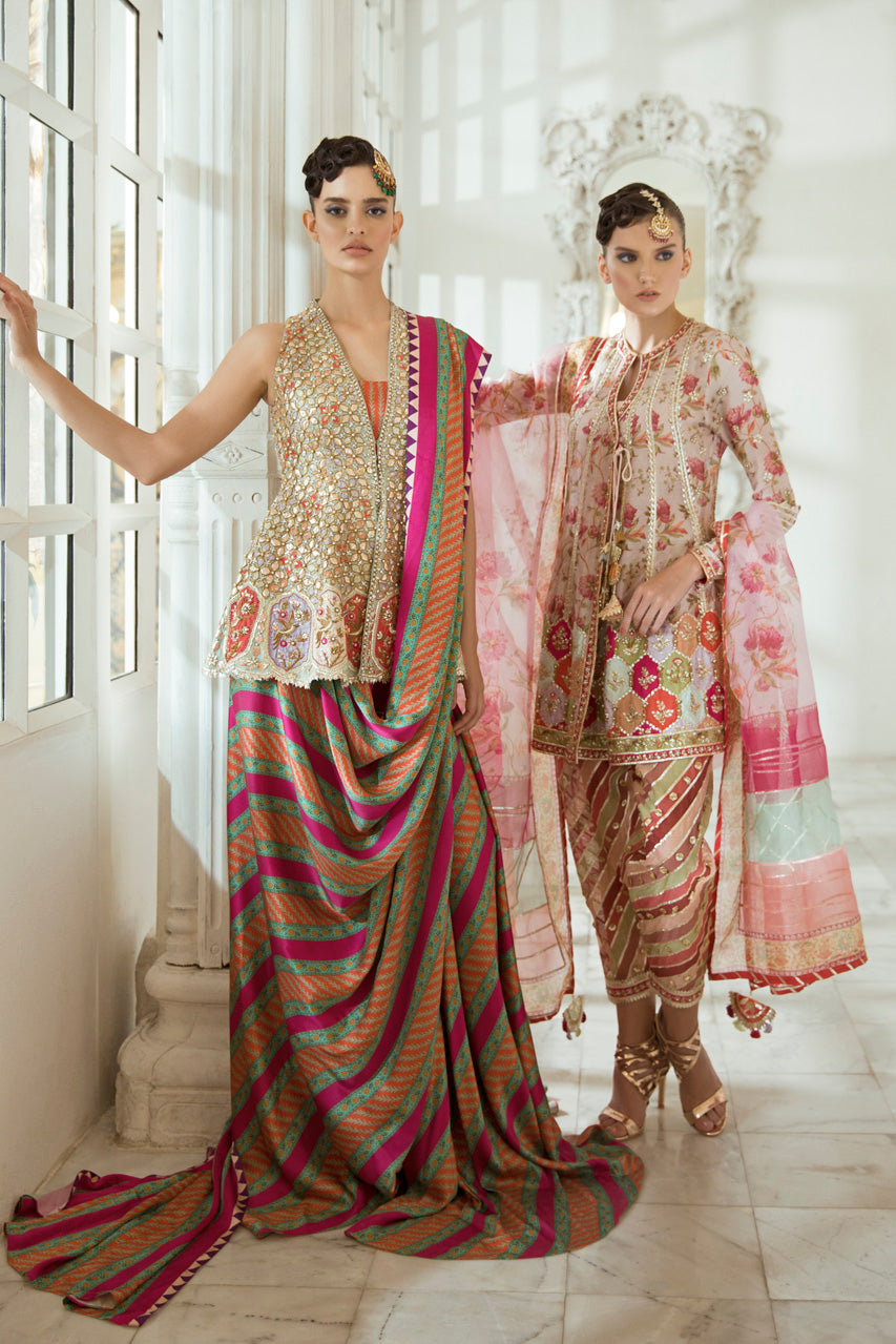 Digitally Printed Cotton Net Angharkha With Shalwar