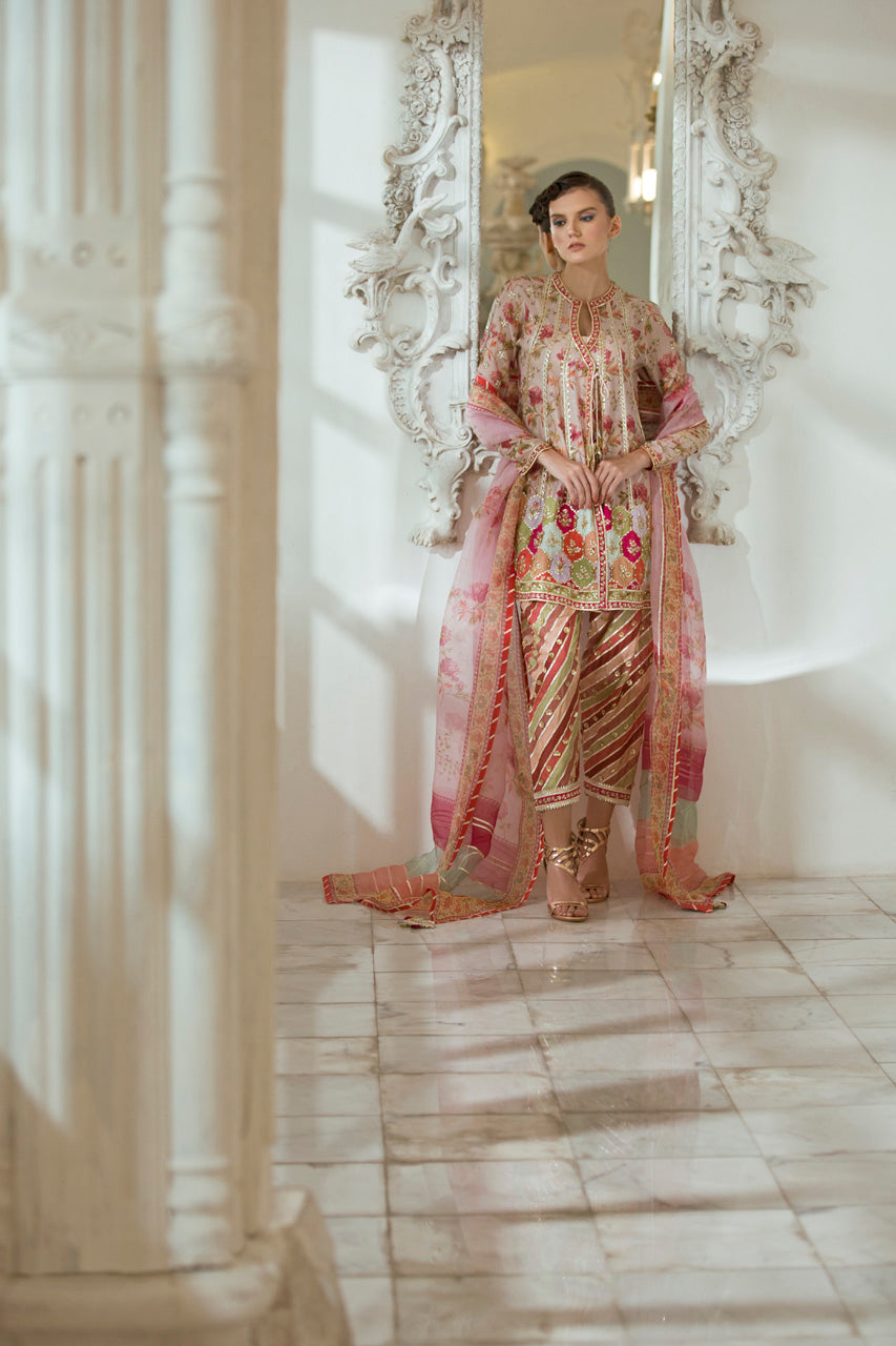 Digitally Printed Cotton Net Angharkha With Shalwar