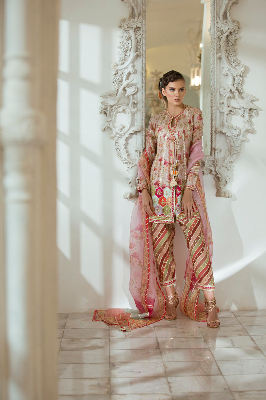 Digitally Printed Cotton Net Angharkha With Shalwar