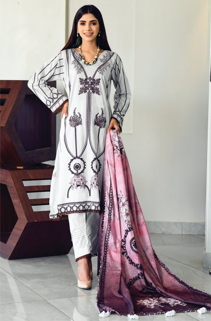 Bareeq Outfits - White Printed Lawn -3 PCS