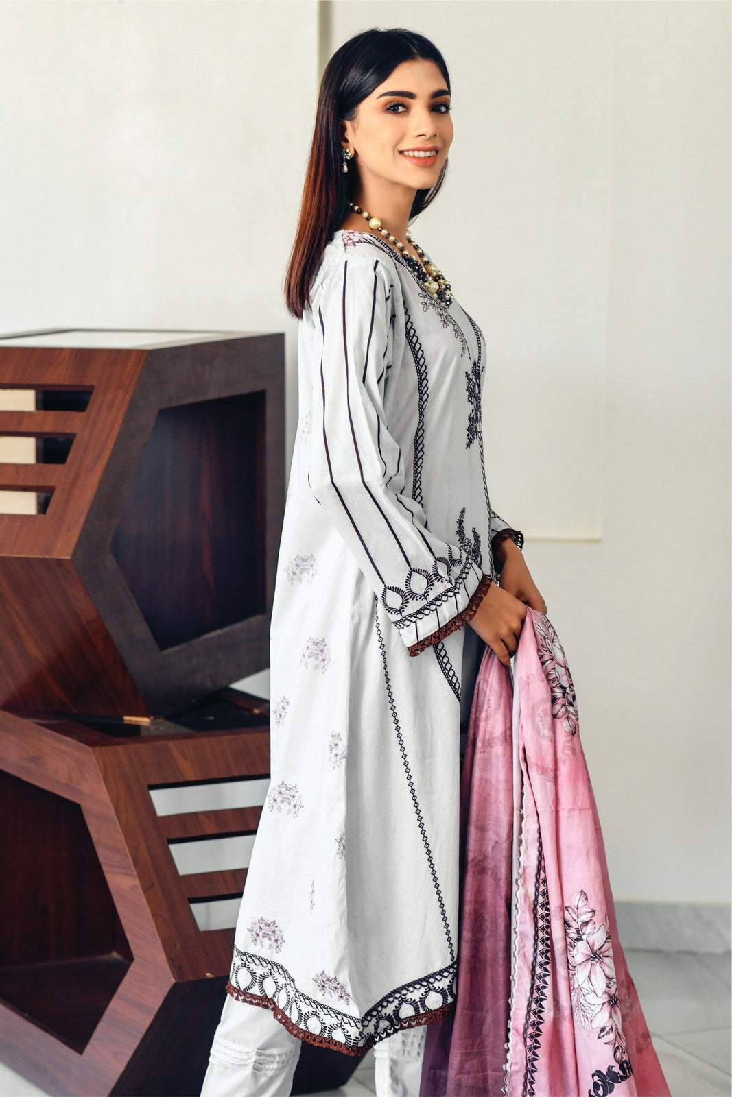 Bareeq Outfits - White Printed Lawn -3 PCS
