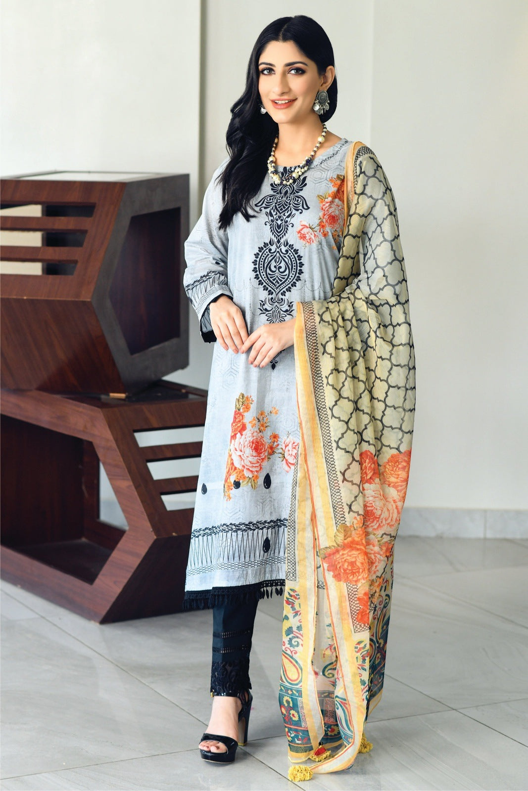 Bareeq Outfits - Grey-Black Printed Shirt with Masoori Dupatta – 2 PCS