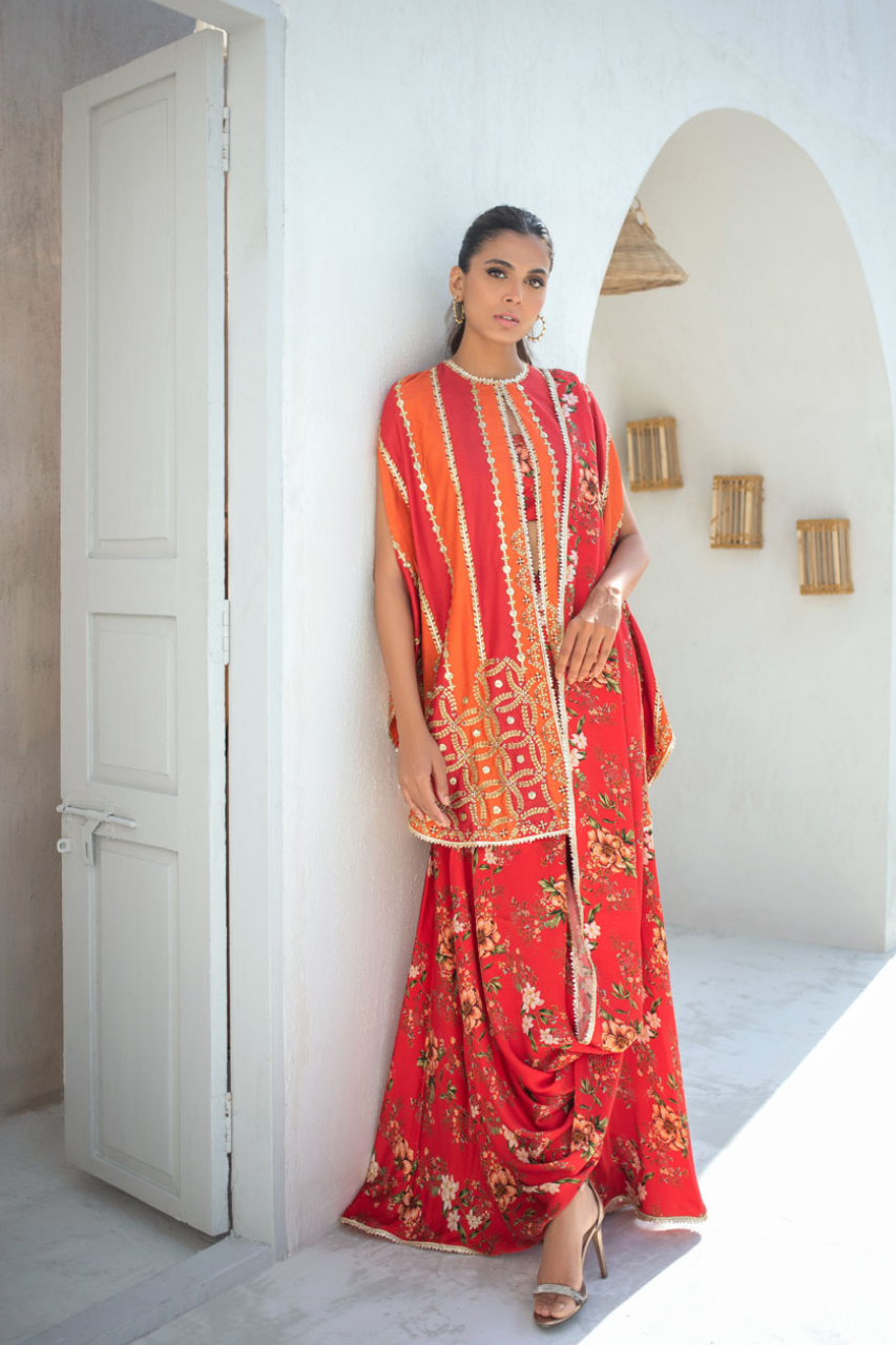 Bright Coral Embellished Khaddi Silk Cape With Printed Draped Sari