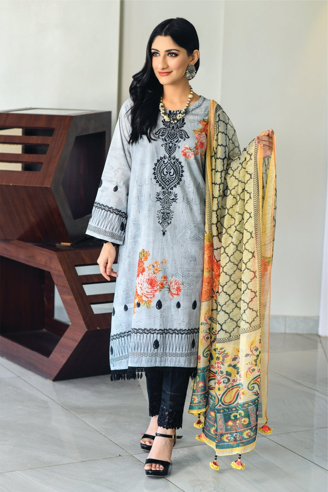 Bareeq Outfits - Grey-Black Printed Shirt with Masoori Dupatta – 2 PCS