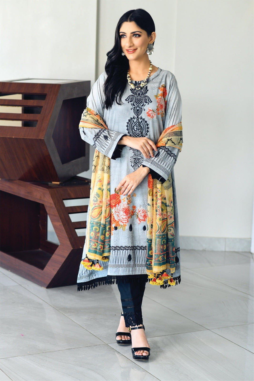 Bareeq Outfits - Grey-Black Printed Shirt with Masoori Dupatta – 2 PCS