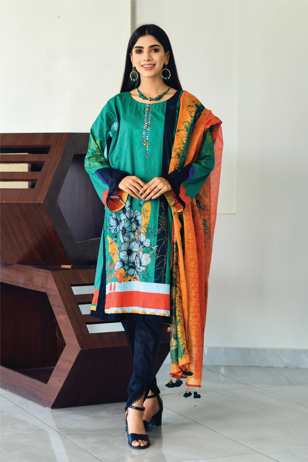 Bareeq Outfits - Dark-Green Printed with Masoori Dupatta – 2 PCS