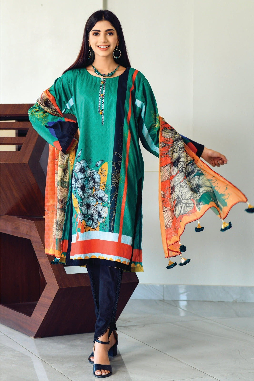 Bareeq Outfits - Dark-Green Printed with Masoori Dupatta – 2 PCS