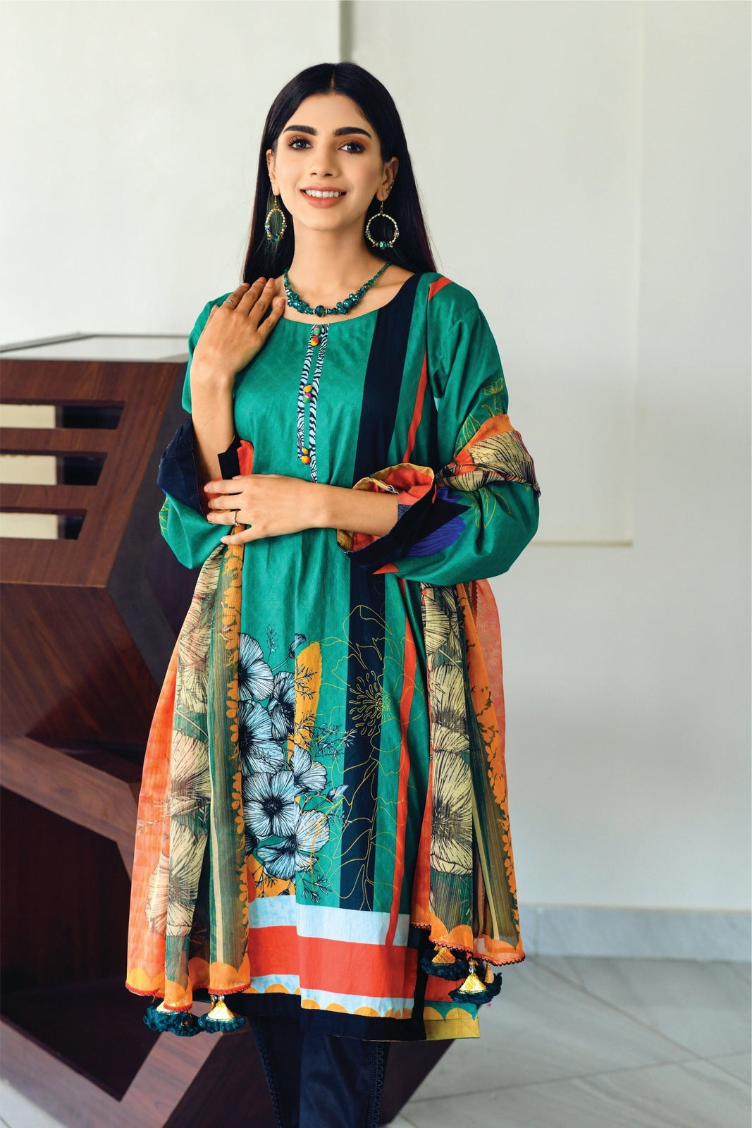 Bareeq Outfits - Dark-Green Printed with Masoori Dupatta – 2 PCS