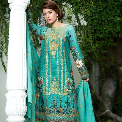 Adan's Libas - EASTERN BLUE – DIGITAL PRINTED & EMBROIDERED KHADDAR – 3 PIECE
