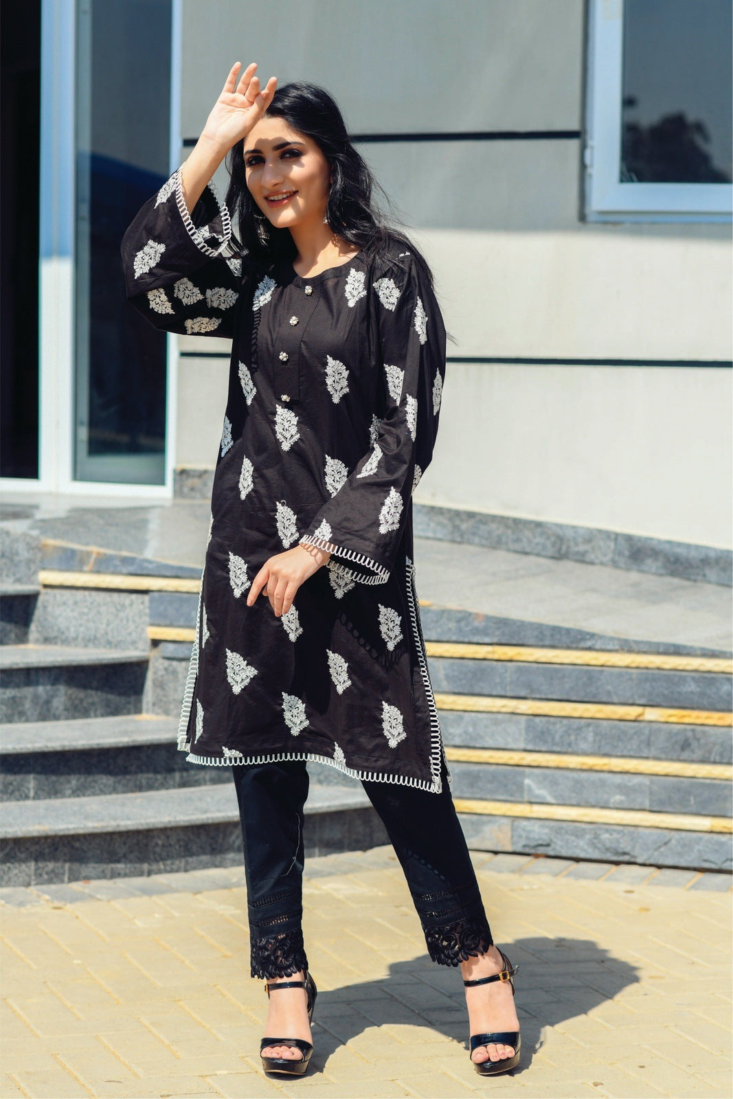 Bareeq Outfits - Black Lace Detailing Embroidered Shirt.