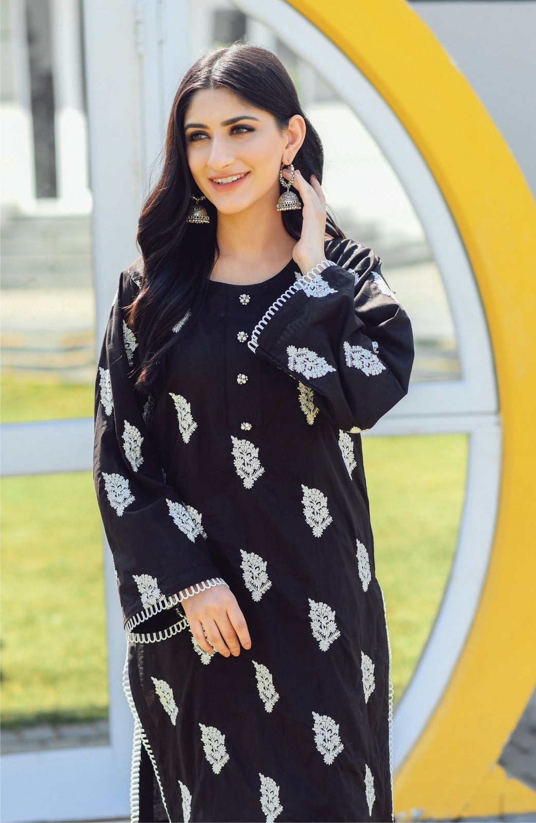 Bareeq Outfits - Black Lace Detailing Embroidered Shirt.