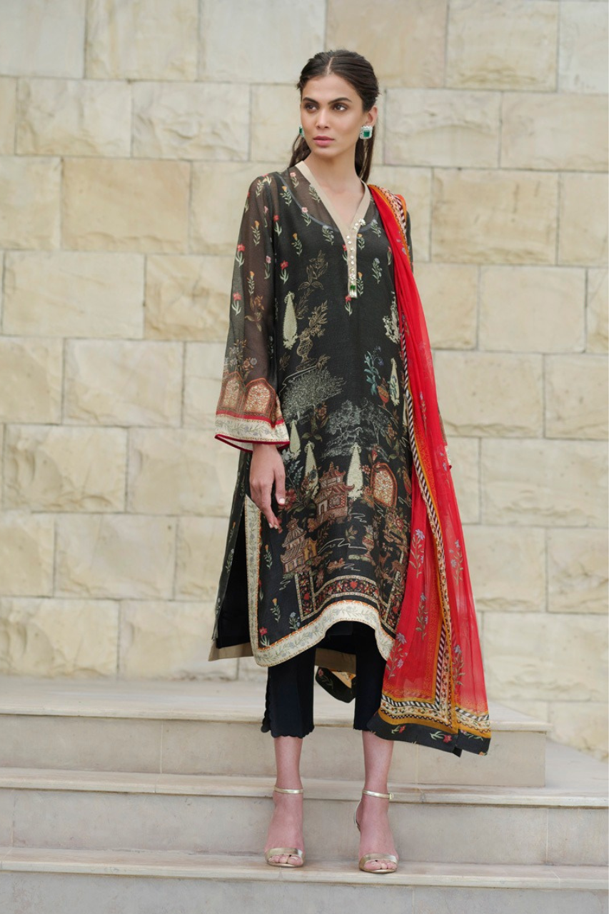 Printed Cotton Net Shirt And Raw Silk trousers with Dupatta