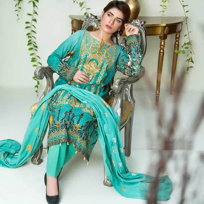 Adan's Libas - EASTERN BLUE – DIGITAL PRINTED & EMBROIDERED KHADDAR – 3 PIECE