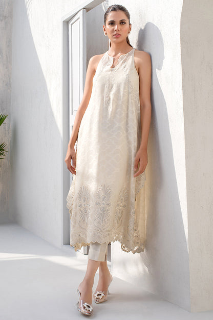 Ivory Cotton Net Kurta With Drop Corners And Embroidery Detailing