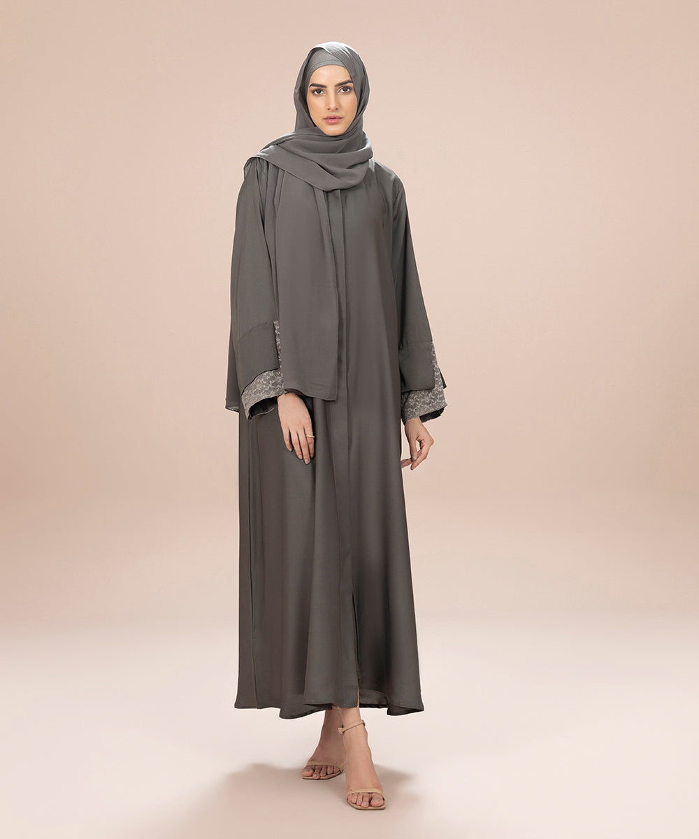 Sapphire - Button Through Abaya Set With Net Fabric  Detail