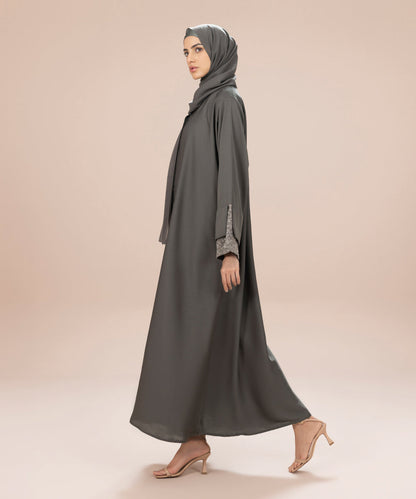 Sapphire - Button Through Abaya Set With Net Fabric  Detail