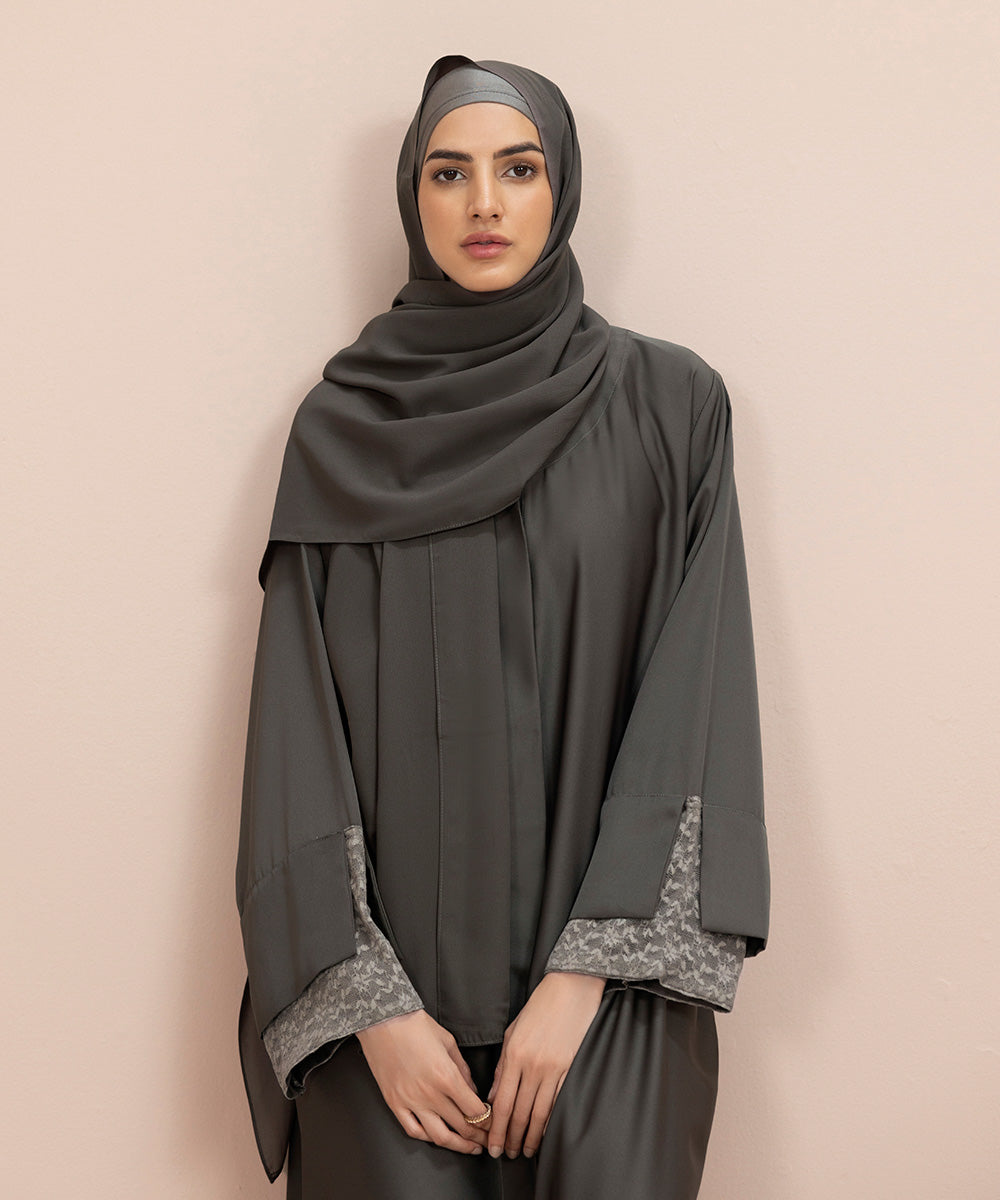 Sapphire - Button Through Abaya Set With Net Fabric  Detail